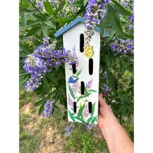 Decorative Blue & White Painted Wood Butterfly Shelter - Cottagecore Garden Art